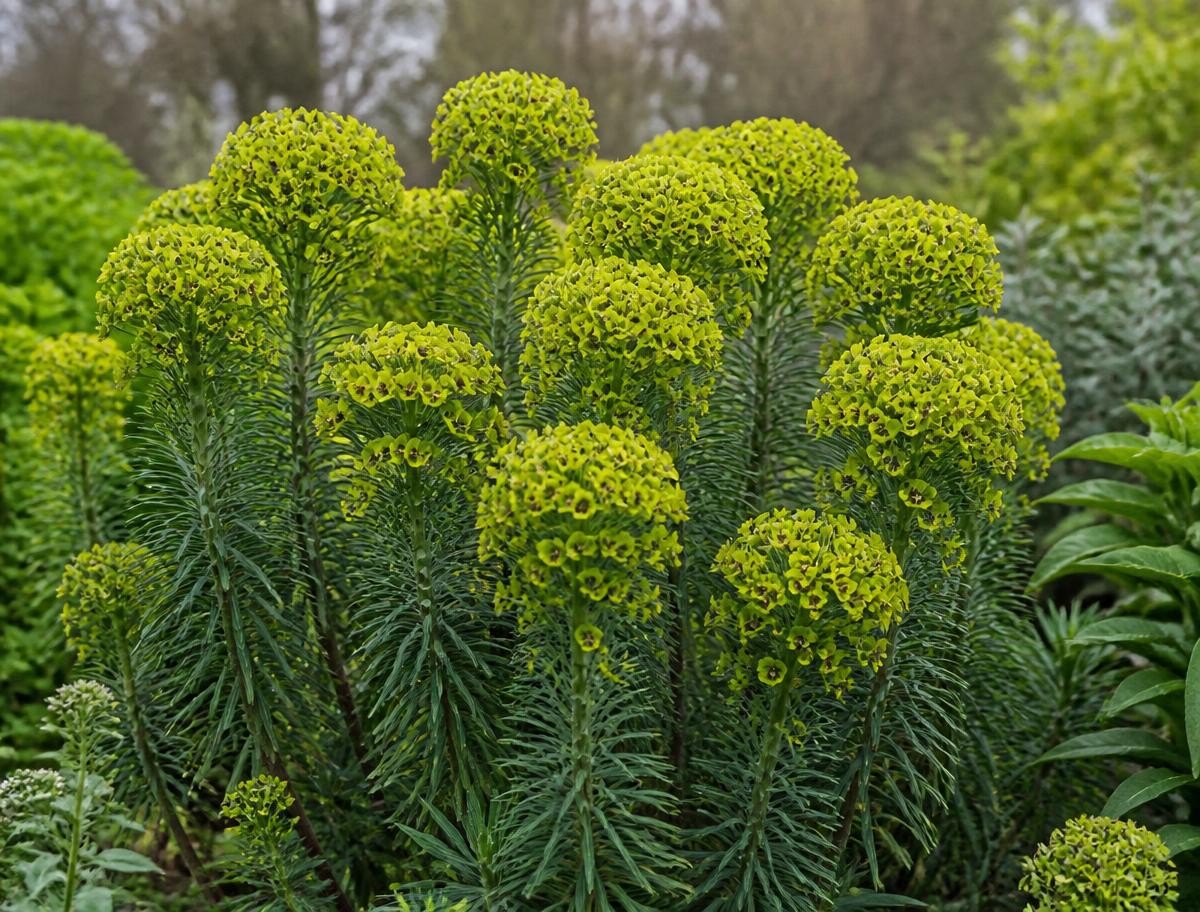 Lime-green euphorbia flower heads above blue-green foliage