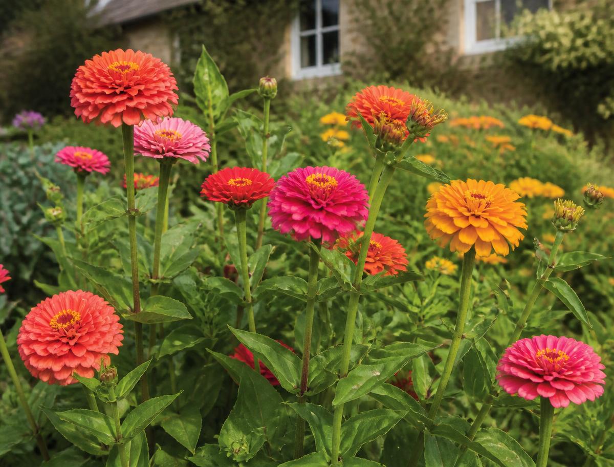 Zinnia elegans in a sunny cottage border, with upright stems, opposite green leaves and layered dahlia-like flowers in coral, pink and gold