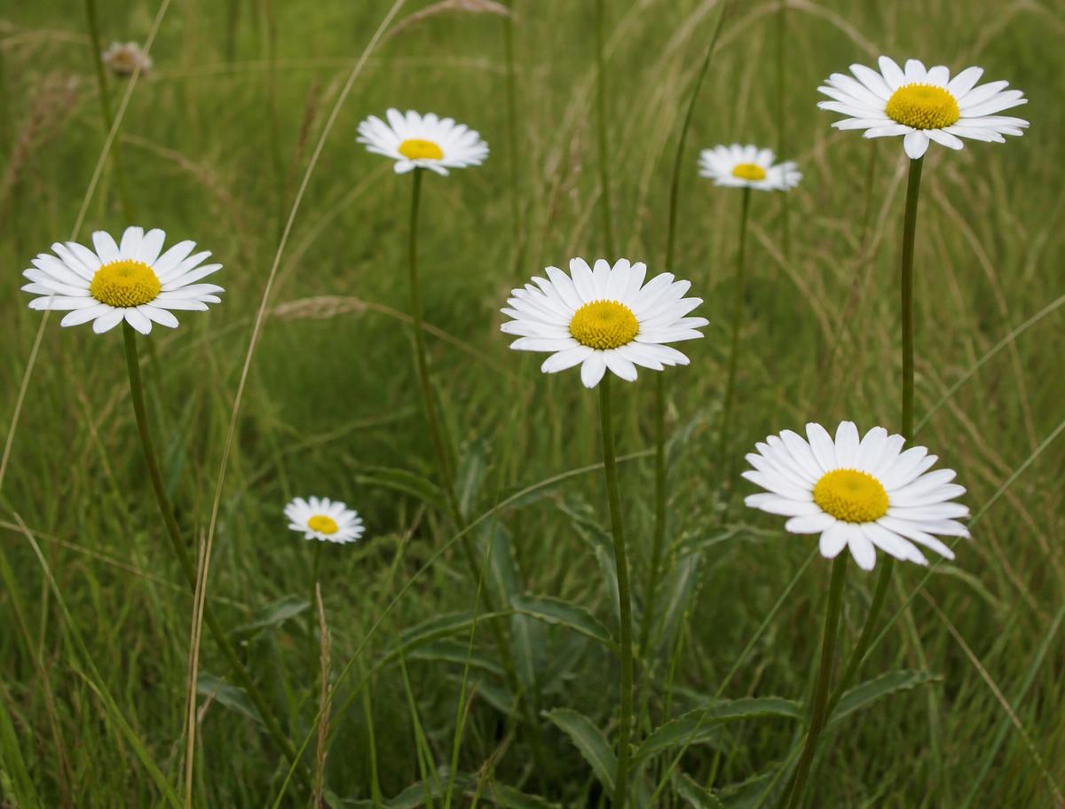 White oxeye daisies mingling through long meadow grasses