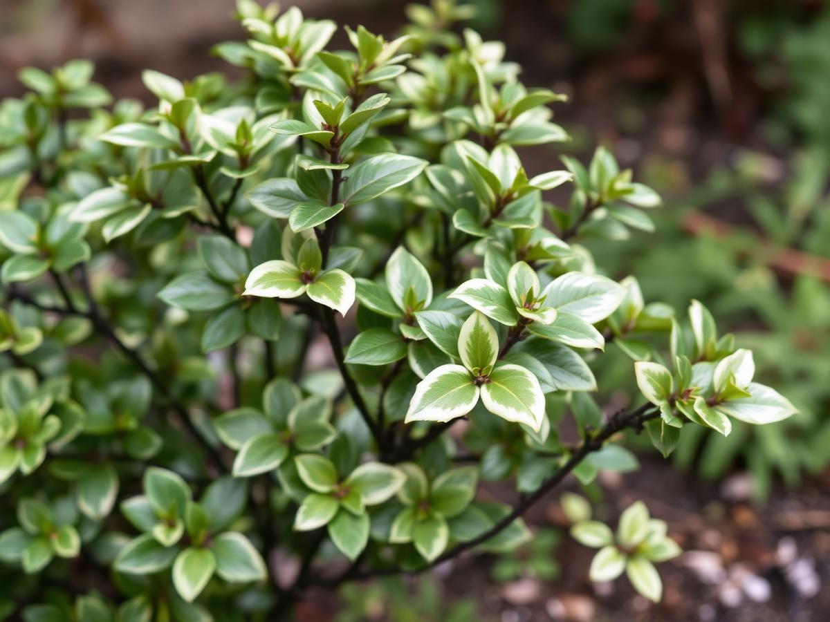 Variegated evergreen pittosporum foliage on dark stems