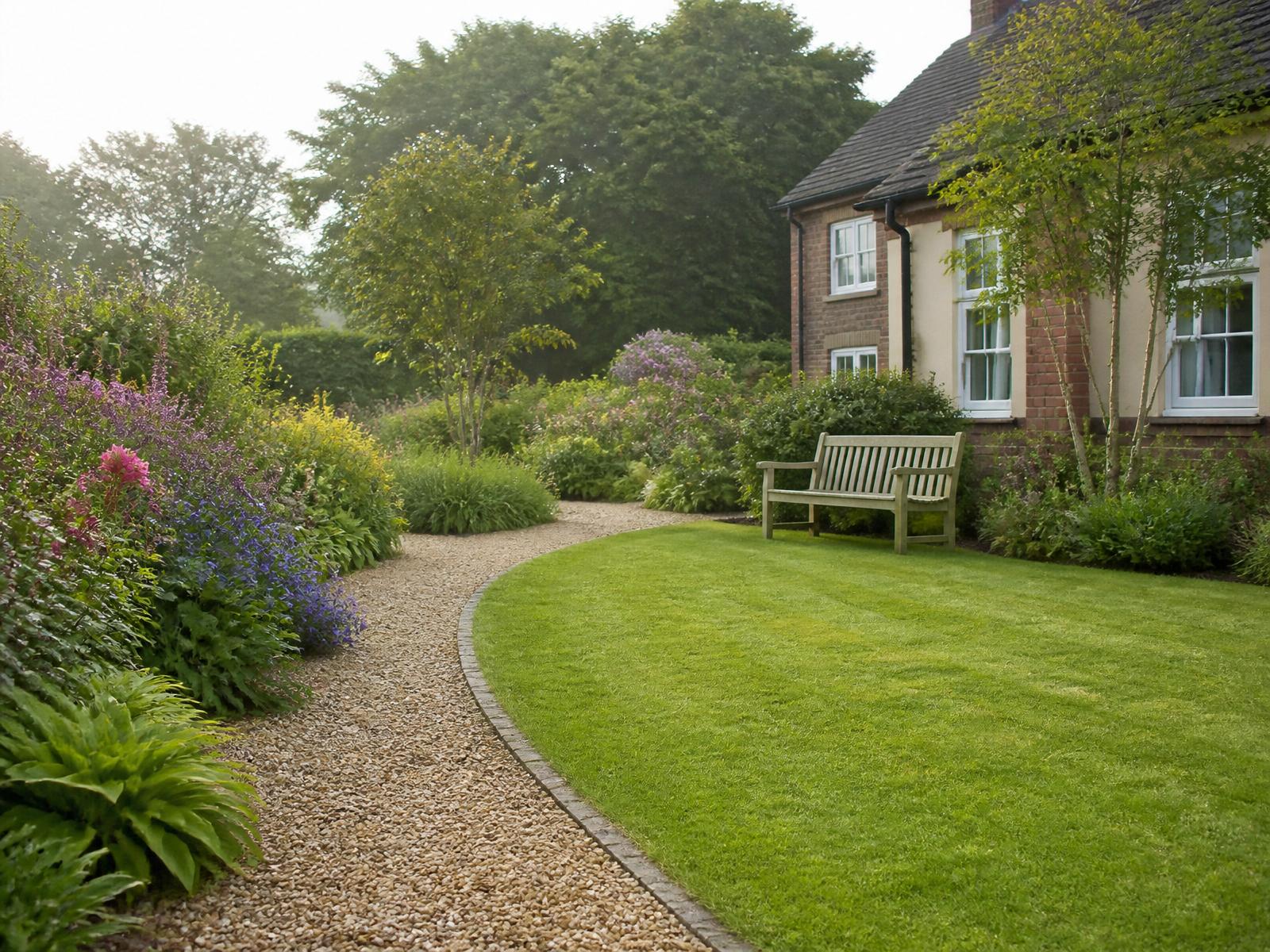 A calm, well-maintained garden with a wooden bench beside a brick care home building in soft morning light