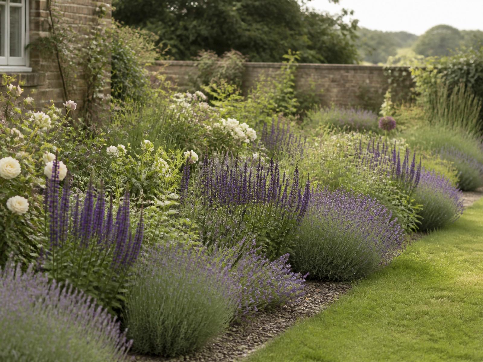 A cottage garden border with repeated groups of lavender and salvia