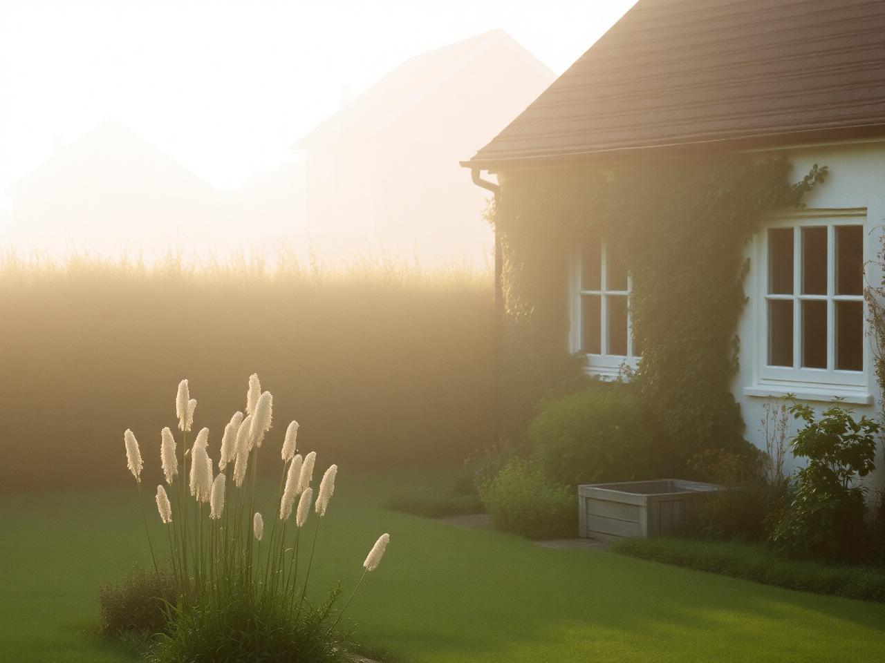 Mist over a cottage garden at first light