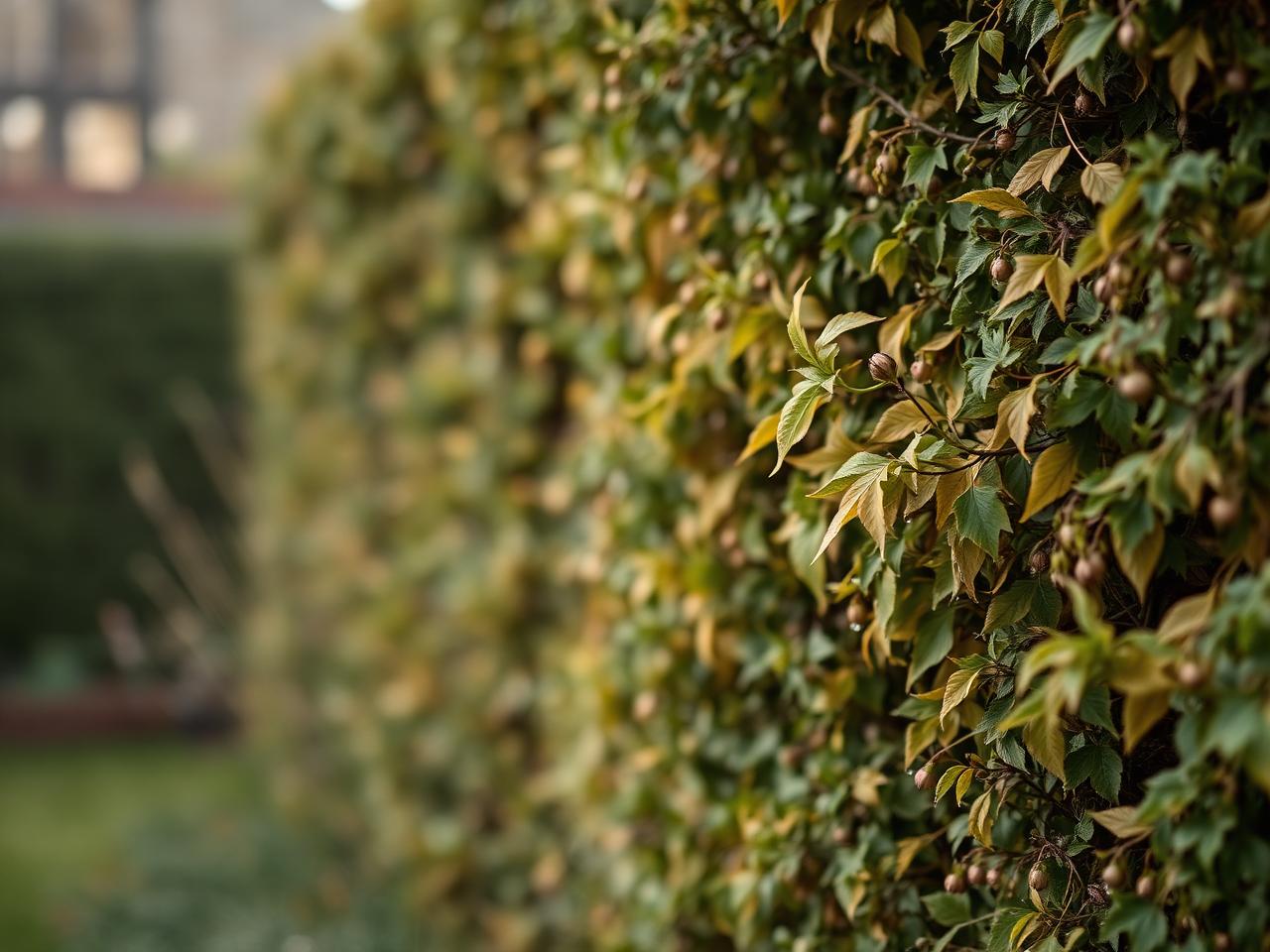 A garden hedge with the first leaves turning gold in soft autumn light