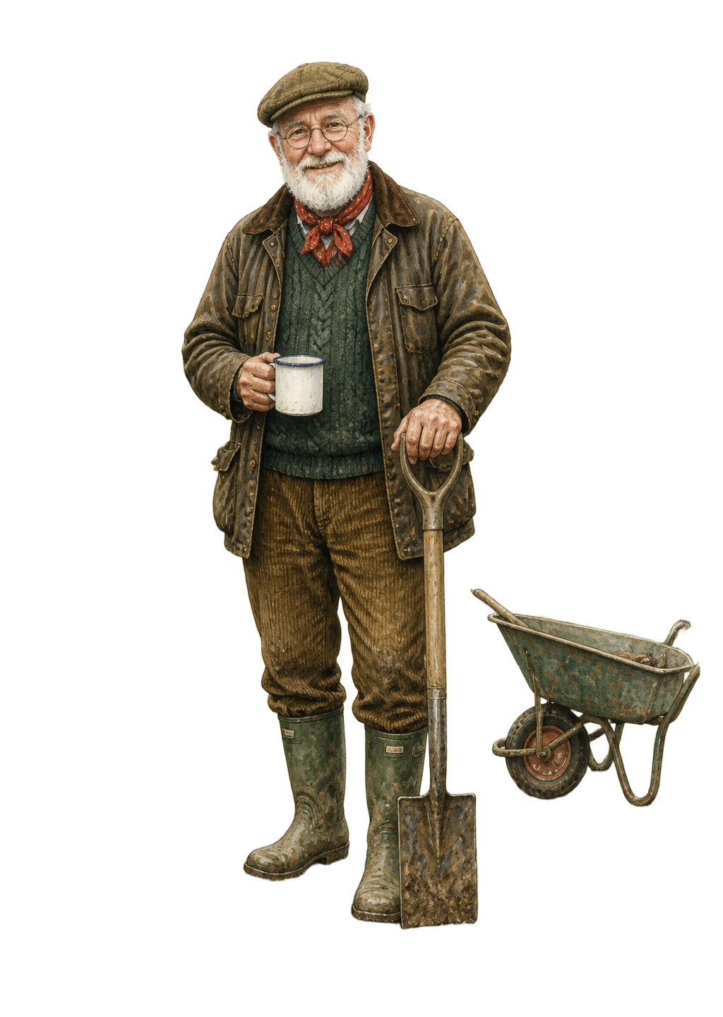 Fred, an experienced gardener, leaning on his spade