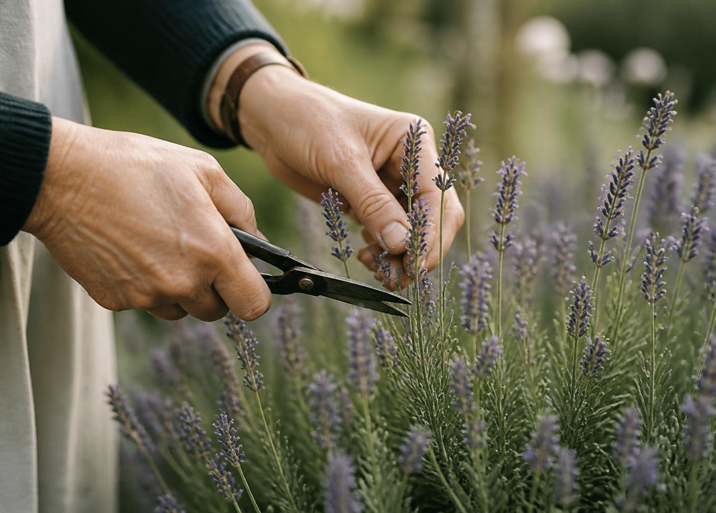 Hands cutting lavender stems with old scissors in soft afternoon light