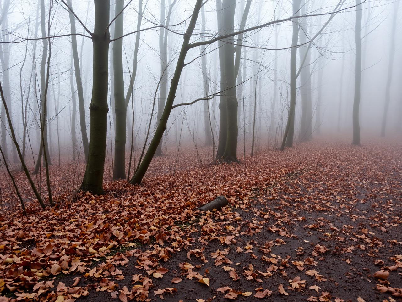 Bare woodland trees in thin mist above a floor of fallen copper leaves