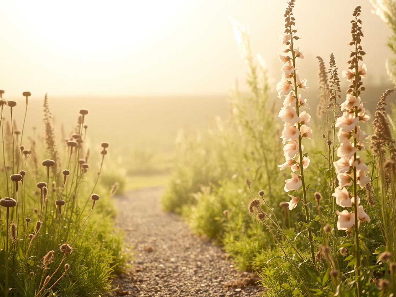 A late-summer cottage garden with seedheads and a gravel path in hazy light