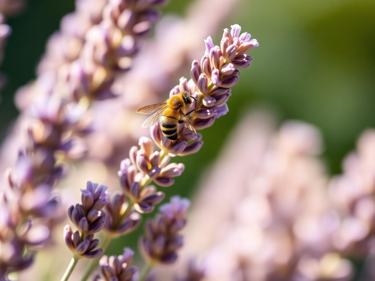 A honeybee working a lavender flower spike in summer sun