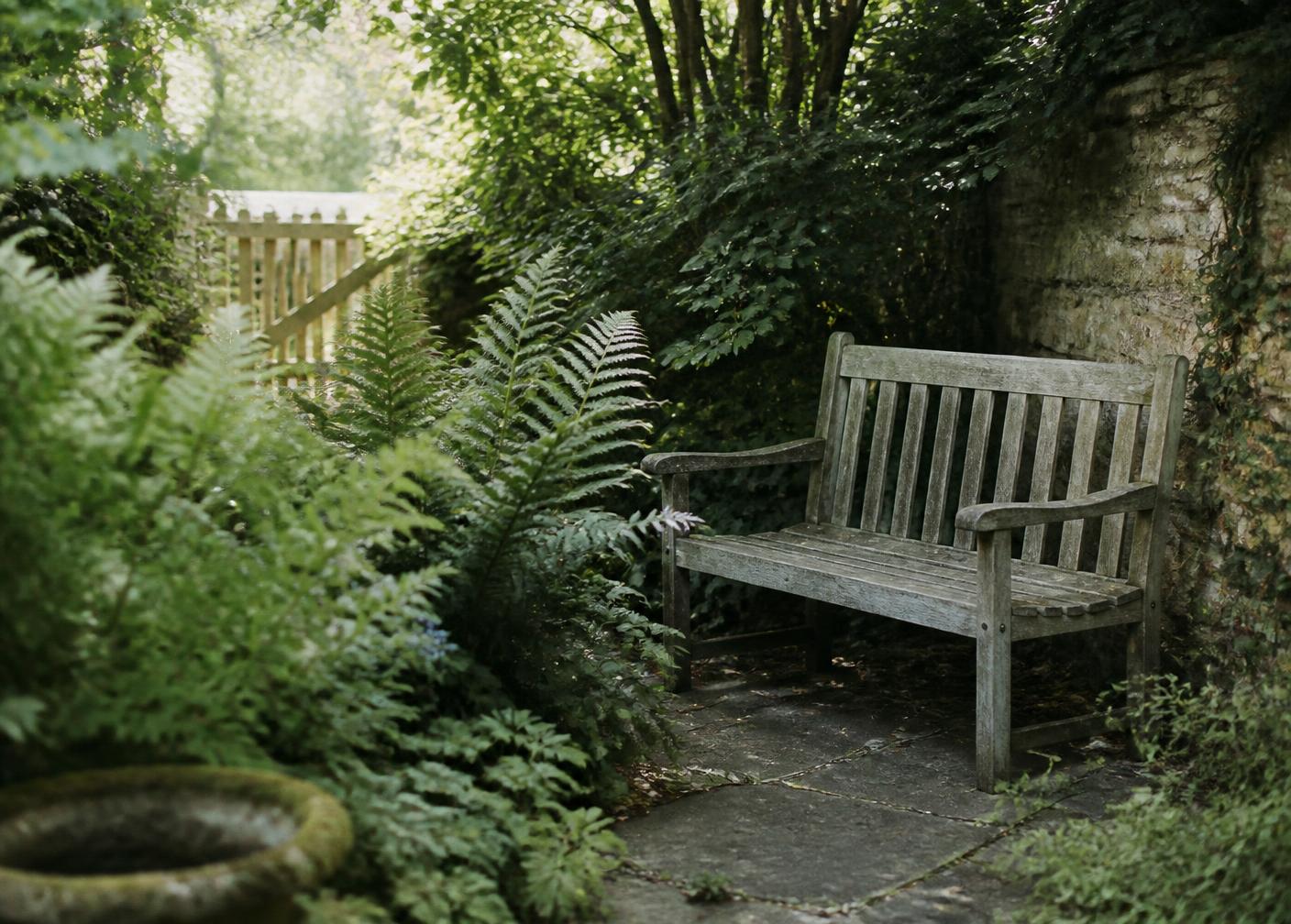 A weathered wooden bench in a shaded corner of an English garden with ferns