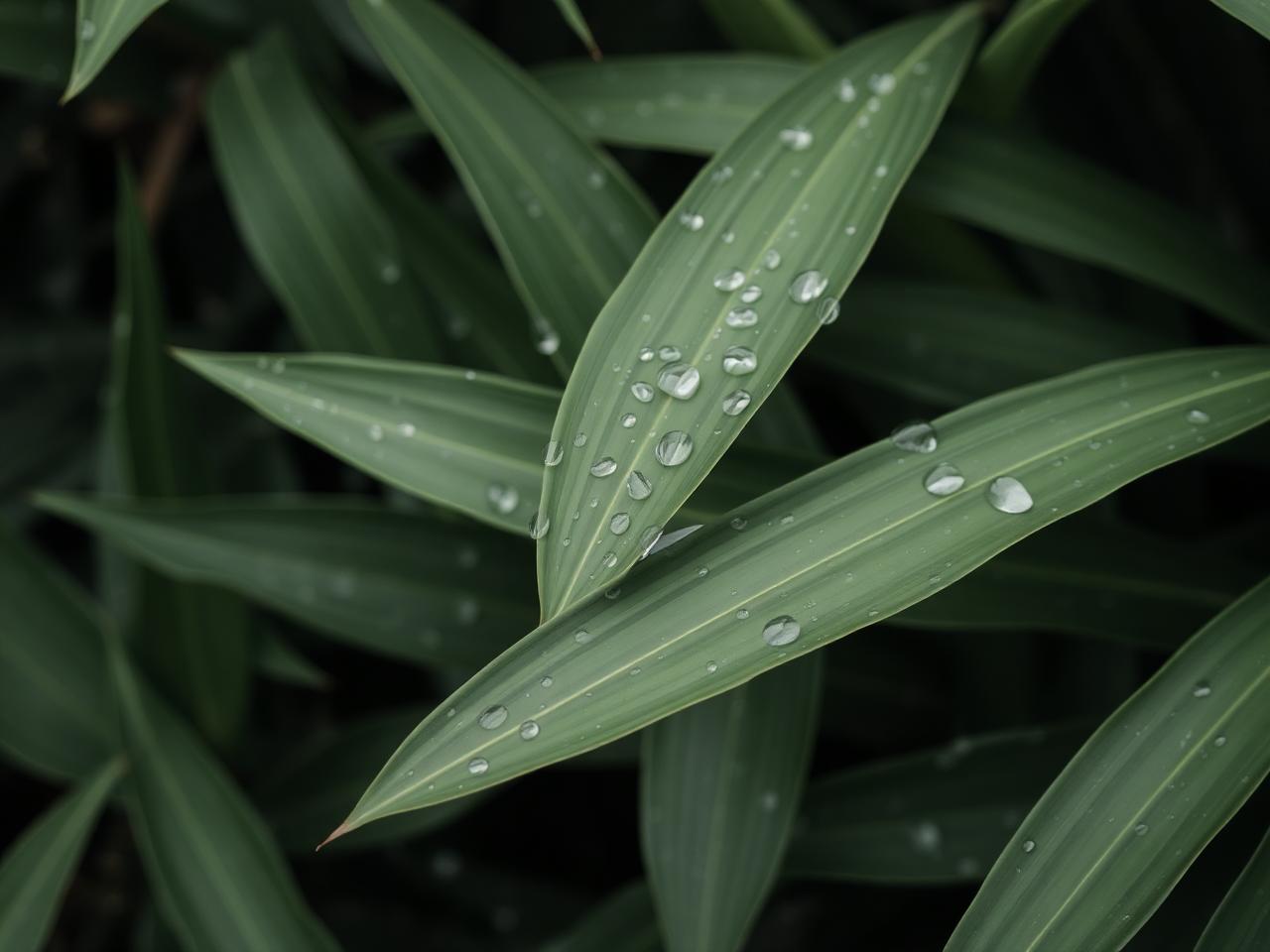Rain droplets resting on broad green garden leaves